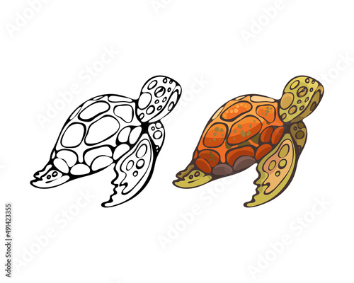 213_marine inhabitants_turtle, green, swims, sea colorful drawing, white and black, marine life, cartoon, on a white background, coloring book