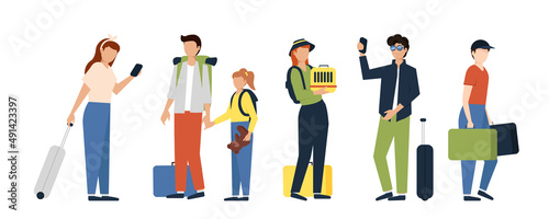 Set of tourist with laggage and handbag. Tourists travel with suitcases and bag. Vector illustration for trip, airport, travel, queue concept © SERHII