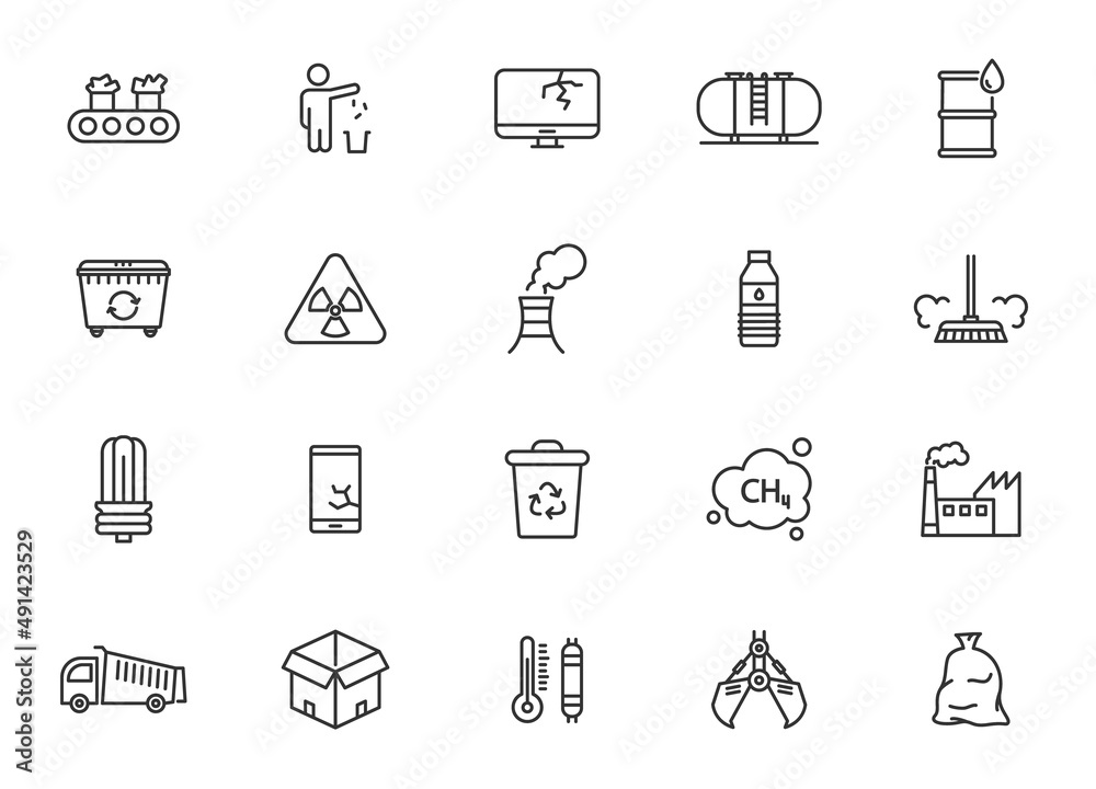 Trash plastic line icon bag. Paper can vector bottle outline icon. Waste bin rubbish cardboard container ecology symbol