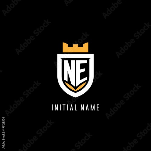 Initial NE logo with shield, esport gaming logo monogram style