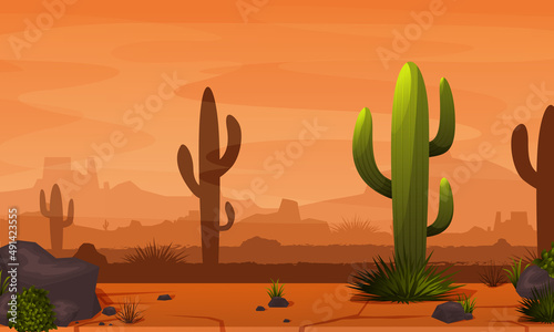 Fiery Desert Sunset. Desert landscape with rocks and cactuses. Arizona or Mexico hot sand desert with orange mountains. Summer western american landscape