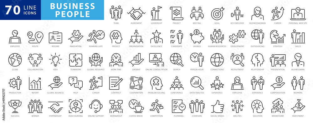 Business people line icons set. Businessman outline icons collection. Teamwork, human resources, meeting, partnership, meeting, work group, success, resume - stock vector - obrazy, fototapety, plakaty 