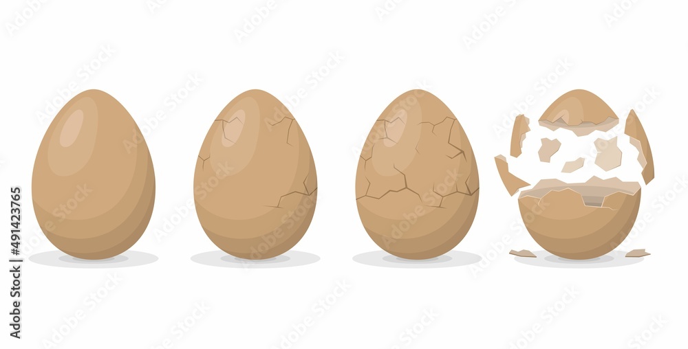 Egg breaking sequence isolated on white background. Farm chicken eggshell cracking stages. Hatching chick stages. Cracked eggs with eggshell pieces. Easter elements design. Vector illustration Egg breaking sequence isolated on white background. Farm chicken eggshell cracking stages. Hatching chick stages. Cracked eggs with eggshell pieces. Easter elements design. Vector illustration