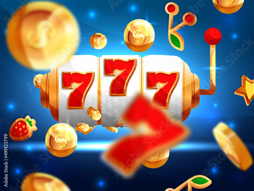 Golden slot machine wins the jackpot. Golden slot machine with flying golden coins wins the jackpot. Online casino.