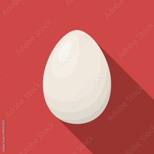 White whole chicken egg icon with long shadow on red background. Light eggshell. Simple egg in flat style, vector illustration for web and mobile design. Breakfast elements vector sign symbol
