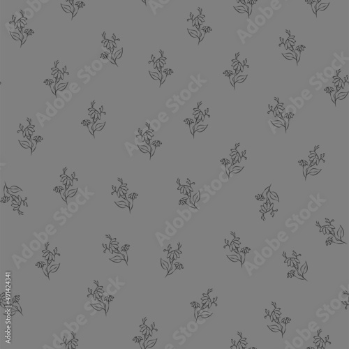 Vector gray illustration. Floral seamless pattern. Bouquet of wild flowers. Hand drawn flower field. Simple flowers. Flowering heads of field chamomile. Outline drawing.