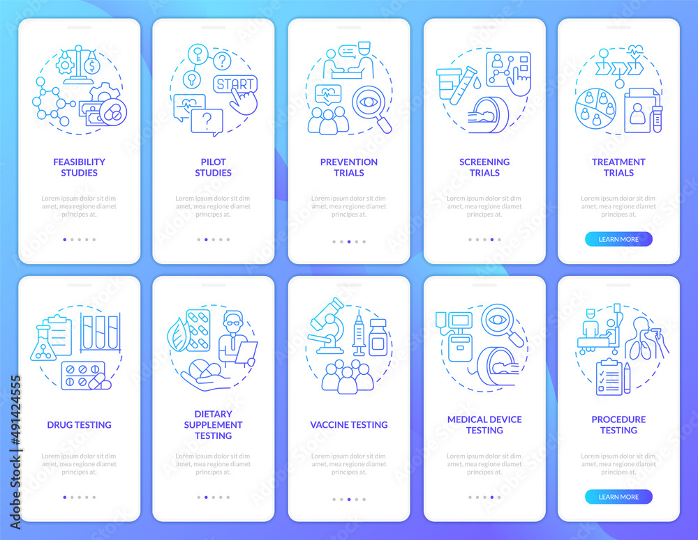 Clinical trials blue gradient onboarding mobile app screen set. Medicine walkthrough 5 steps graphic instructions pages with linear concepts. UI, UX, GUI template. Myriad Pro-Bold, Regular fonts used Clinical trials blue gradient onboarding mobile app screen set. Medicine walkthrough 5 steps graphic instructions pages with linear concepts. UI, UX, GUI template. Myriad Pro-Bold, Regular fonts used