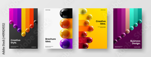 Modern 3D balls postcard illustration bundle. Trendy brochure A4 vector design template collection.