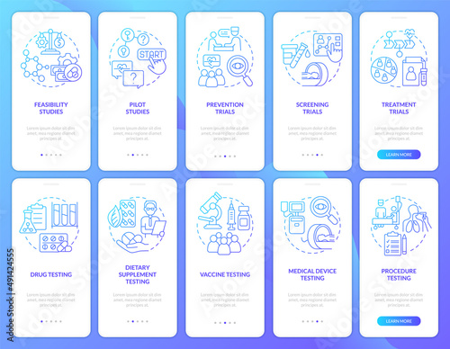Clinical trials blue gradient onboarding mobile app screen set. Medicine walkthrough 5 steps graphic instructions pages with linear concepts. UI, UX, GUI template. Myriad Pro-Bold, Regular fonts used