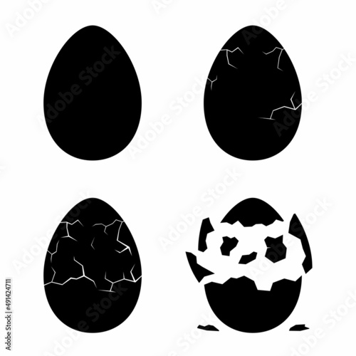 Egg breaking sequence icon isolated on white background. Farm chicken eggshell cracking stages. Hatching chick stages. Cracked eggs icon with eggshell pieces. Easter elements design. Vector
