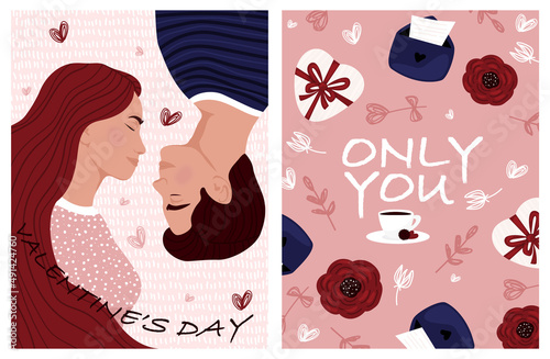 Valentine's day, February 14. Vector illustrations of love, couple, heart, valentine, king, queen, hands, flowers Drawing for card postcard or poster