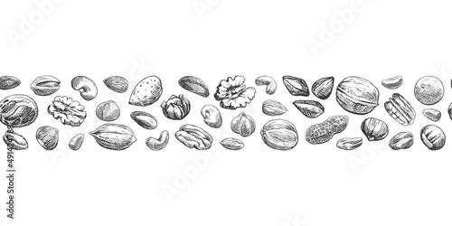 Set nuts. Seamless border. Hand drawn elements. Sketch almond, brazil nut, nutmeg, macadamia, cashew, pecan, peanut, pistachio, chestnut.Vector Illustration for design package, menu