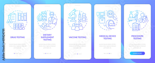 Things to be tested blue gradient onboarding mobile app screen. Walkthrough 5 steps graphic instructions pages with linear concepts. UI, UX, GUI template. Myriad Pro-Bold, Regular fonts used