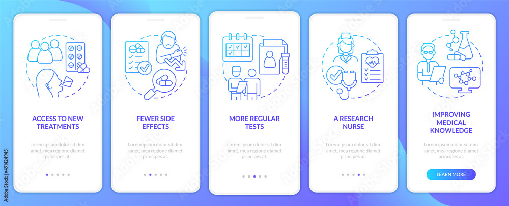 Clinical trials advantages blue gradient onboarding mobile app screen. Walkthrough 5 steps graphic instructions pages with linear concepts. UI, UX, GUI template. Myriad Pro-Bold, Regular fonts used