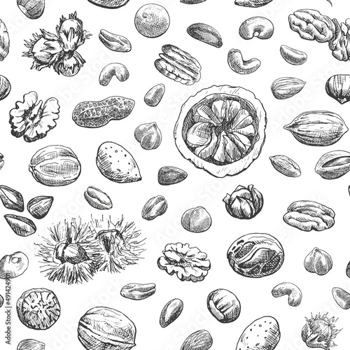 Seamless pattern of nuts. Hand drawn sketch almond, brazil nut, nutmeg, macadamia, cashew, pecan, peanut, pistachio, chestnut.Vector Illustration for design package, menu