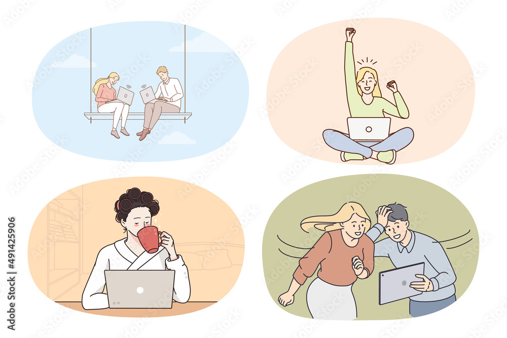 Set of diverse people use computers browse surf internet on gadget. Collection of men and women work online on laptop with wireless network. Technology concept. Vector illustration. Set of diverse people use computers browse surf internet on gadget. Collection of men and women work online on laptop with wireless network. Technology concept. Vector illustration.