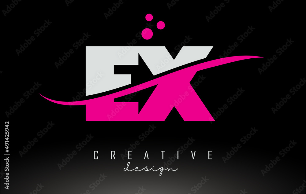 EX E X white and pink Letter Logo with Swoosh and dots. EX E X white and pink Letter Logo with Swoosh and dots.
