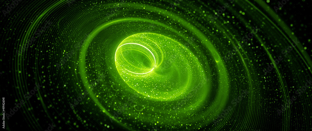 Green glowing spinning spreader abstract widescreen background - obrazy, fototapety, plakaty 