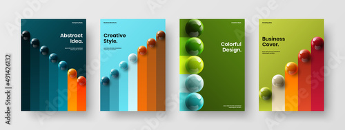 Minimalistic realistic spheres corporate cover concept collection. Amazing pamphlet A4 design vector template set.