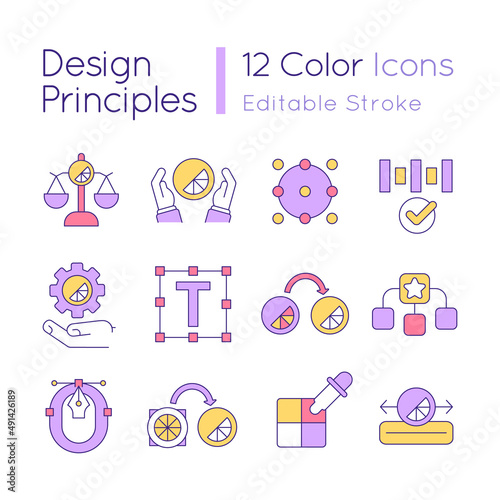 Design principles RGB color icons set. Visual content for business promotion. Isolated vector illustrations. Simple filled line drawings collection. Editable stroke. Quicksand-Light font used
