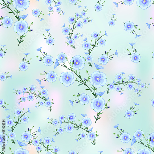 Floral arrangement of flax flowers and buds  from the stem and leaves on blue abstract background, floral print for textile, seamless pattern, EPS 10 vector