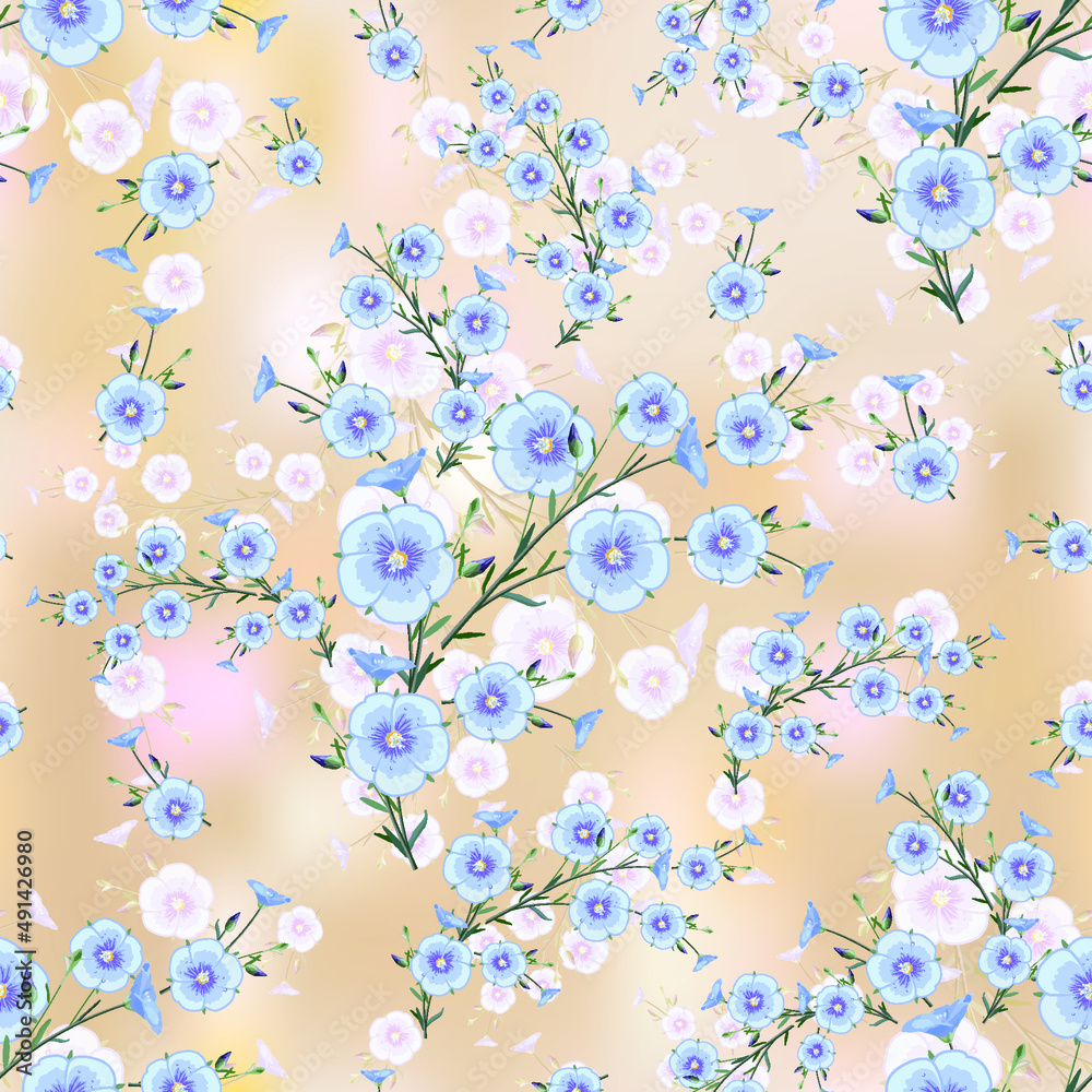 Floral arrangement of flax flowers and buds  from the stem and leaves on light brown abstract background, floral print for textile, seamless pattern, EPS 10 vector