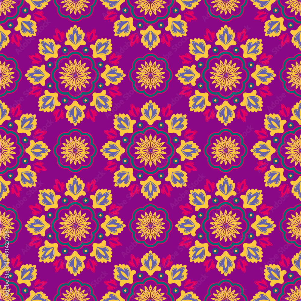 Folk floral ornament. Seamless pattern with abstract flowers on pink background Folk floral ornament. Seamless pattern with abstract flowers on pink background