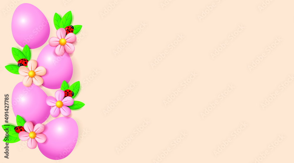 Vertical Easter border. Easter eggs, flowers and ladybugs. Spring background with 3d objects Vertical Easter border. Easter eggs, flowers and ladybugs. Spring background with 3d objects
