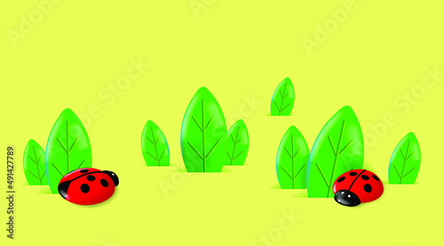 Springtime background.  Ladybugs on the lawn. Easter decorative composition with 3D objects © Arndale