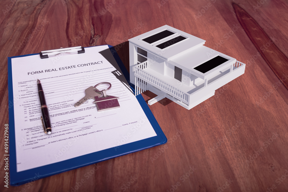 Contract documentation for home mortgage with a pen. Keys and home icon with empty copy space for Editor's text. 3d rendering. Contract documentation for home mortgage with a pen. Keys and home icon with empty copy space for Editor's text. 3d rendering.