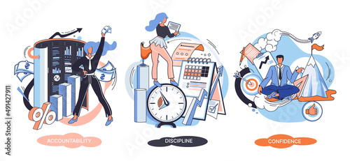 Accountability and discipline personal quality abstract concept vector illustration set, mental strength, decision making, leadership role abstract metaphor. Sound financial management, frugality