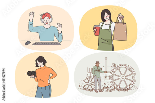 Set of diverse people professions and occupations. Collection of specialist jobs and careers. Employment. Gamer, waitress or server, photographer and farmer. Vector illustration. 