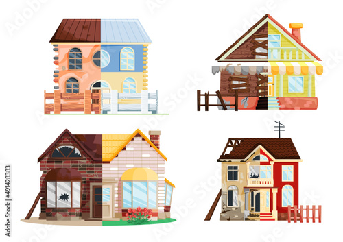Home renovation, house before and after repair. New and old suburban cottage. Remodel construction. Old run-down house remodeled into cute traditional suburban cottage. Building maintenance service