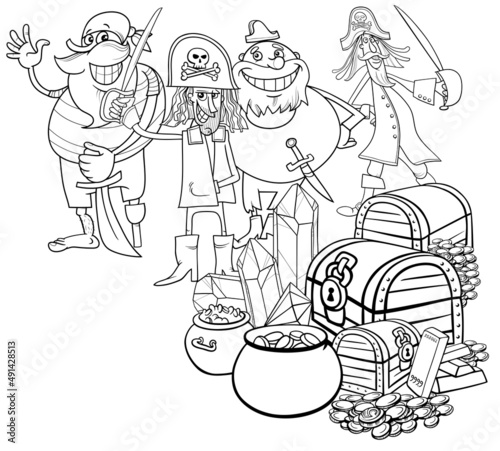 cartoon pirates and treasure coloring book page