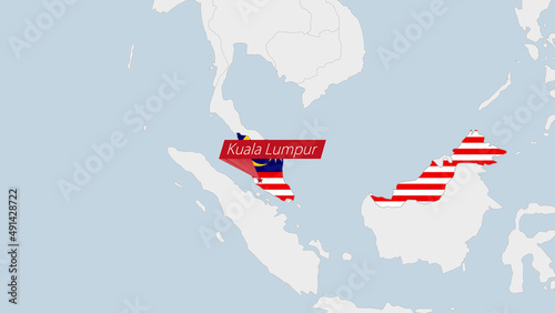 Canvas Print Malaysia map highlighted in Malaysia flag colors and pin of country capital Kuala Lumpur