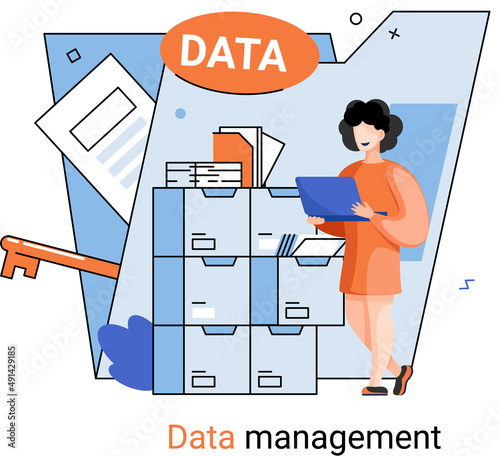 Data management metaphor, privacy media center, business protection, rational storage of information, digital privacy. Efficient data manager, cost-effective safe organization, storage and use of data
