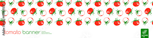 Design of tomato banner template. Organic ingredients for healthy food concept, vegetarian food banner with red tomatoes background, eco store and farmers market. Tomato pattern for ad cooking blog.