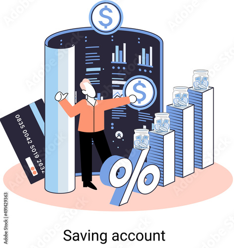 Online saving account concept. Man holding dollar. Bank account, accumulation of funds, wealth. Receiving interest from keeping money, safe future. Banking services, internet payment, sending money