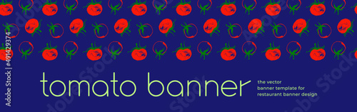Design of tomato banner template. Organic ingredients for healthy food concept, vegetarian food banner with red tomatoes background, eco store and farmers market. Tomato pattern for ad cooking blog.