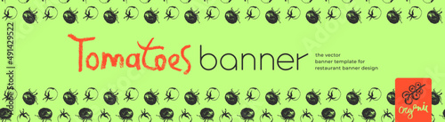 Design of tomato banner template. Organic ingredients for healthy food concept, vegetarian food banner with red tomatoes background, eco store and farmers market. Tomato pattern for ad cooking blog.