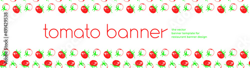 Design of tomato banner template. Organic ingredients for healthy food concept, vegetarian food banner with red tomatoes background, eco store and farmers market. Tomato pattern for ad cooking blog.