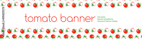 Design of tomato banner template. Organic ingredients for healthy food concept, vegetarian food banner with red tomatoes background, eco store and farmers market. Tomato pattern for ad cooking blog.