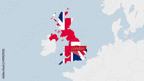 United Kingdom map highlighted in UK flag colors and pin of country capital London.