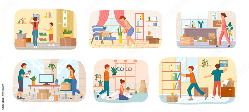 Set of illustrations about people moving to new house, carrying things to apartment, changing place of residence, relocation. Unpacking things after shipping, decorating home. Rental of premises