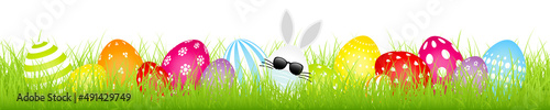 Banner Weißes Hasenei Maske Sonnenbrille Mit Bunten Ostereiern Weißes Muster Wiese