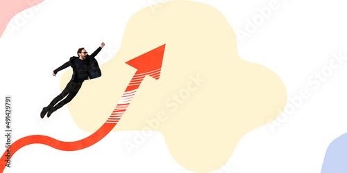 Creative design. Businessman  office manager flying like superhero near arrow going upwards symbolizing success and growth