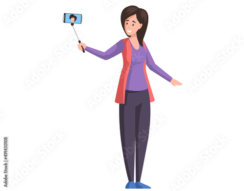 Woman taking phone selfie vector illustration. Teenager lifestyle. Video streamer. Adolescent girl makes self portrait with smartphone on monopod. Lady uses modern technology to create photographs