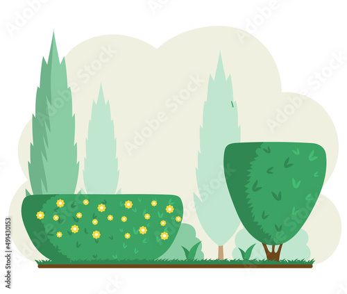 Garden, lawn with trimmed bushes and trees. Landscaping, gardening, working with plants concept. Garden landscape design with green spaces. Plants, trees, bushes and flowers for plot decoration