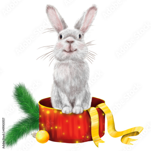A beautiful fluffy cute rabbit that sits in a gift box. The illustration is hand-drawn in a realistic style. New Year's illustration. The year of the rabbit.