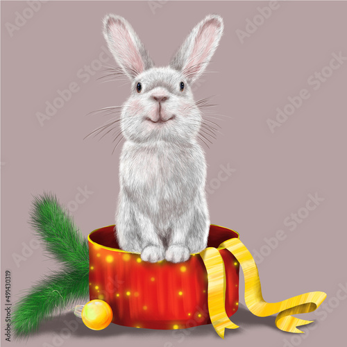 A beautiful fluffy cute rabbit that sits in a gift box. The illustration is hand-drawn in a realistic style. New Year's illustration. The year of the rabbit.